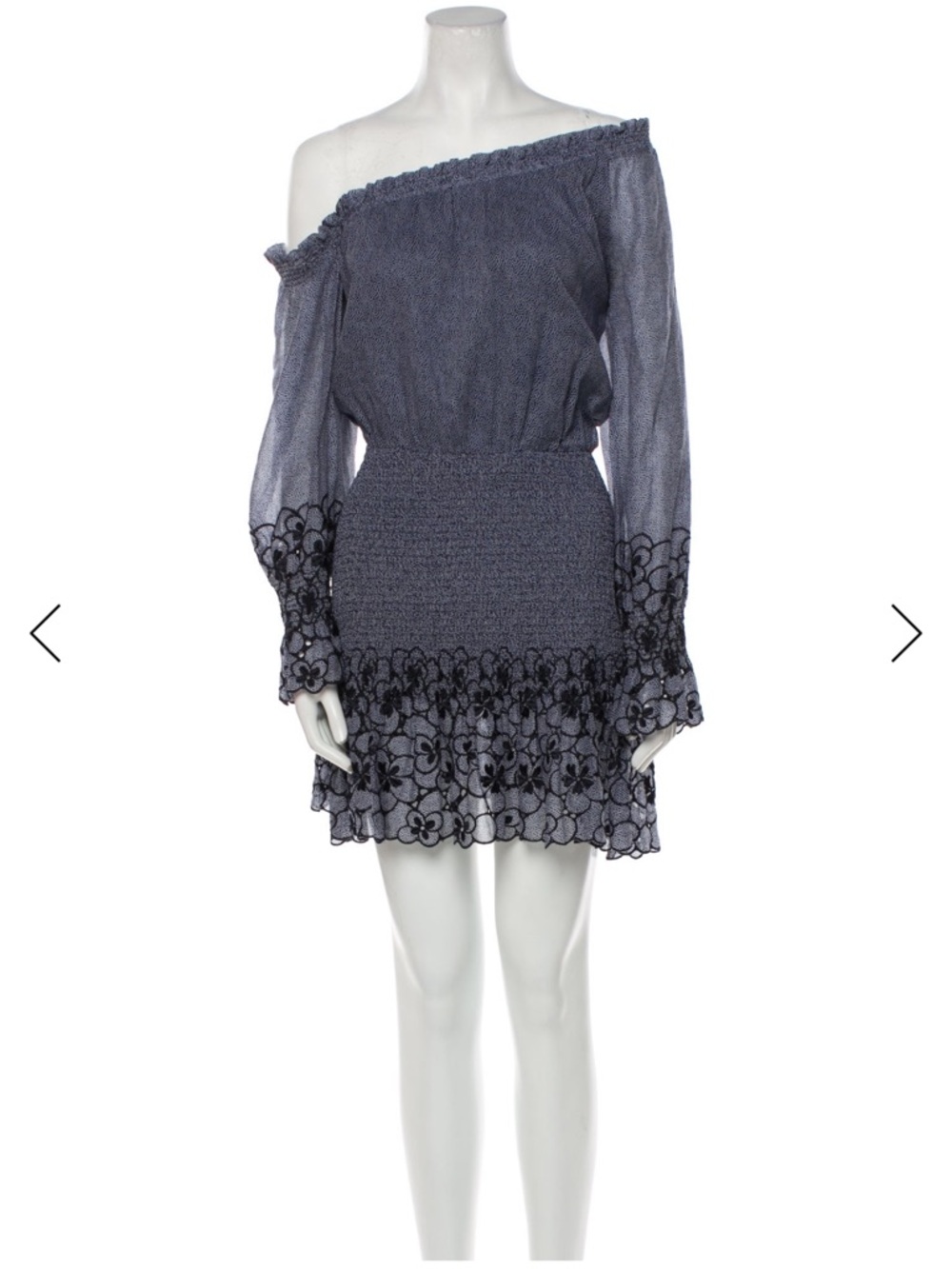 Alexis Grey Off-Shoulder Smocked Mini Dress with Floral Trim